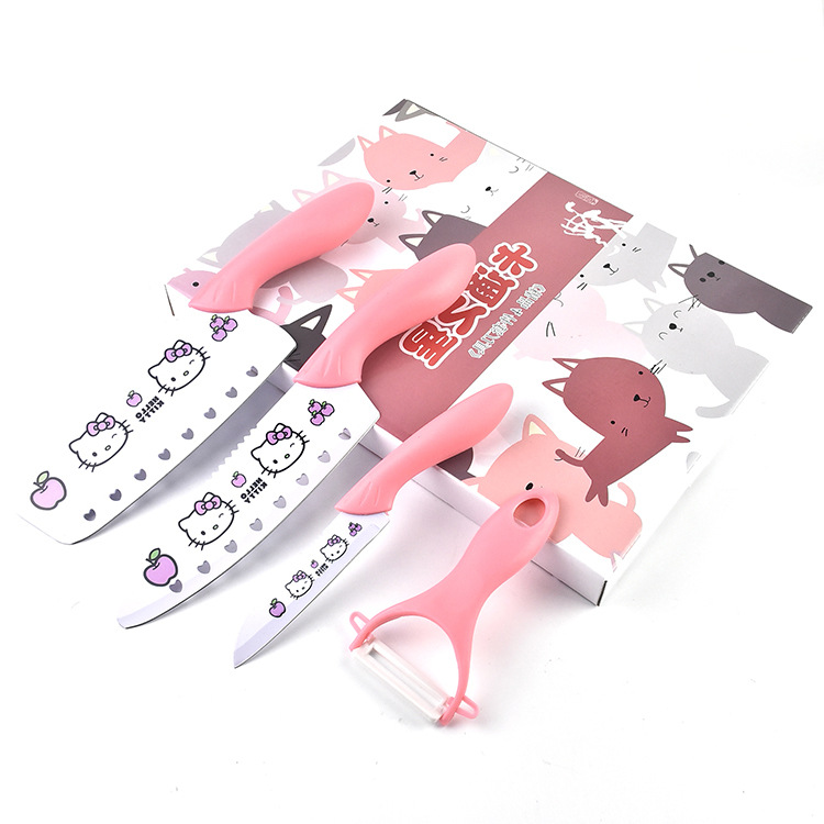 厂家直销卡通不锈钢辅食套刀组合家用小菜刀 厨房刀具4件套礼品刀|ms