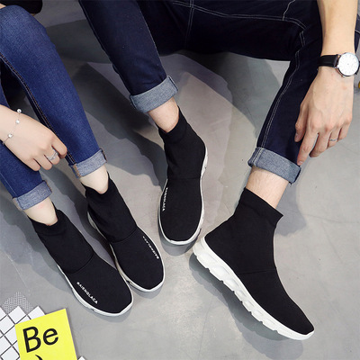 跨境2019男鞋運動鞋飛織彈力襪子鞋情侶高幫懶人鞋學生厚底休閑鞋