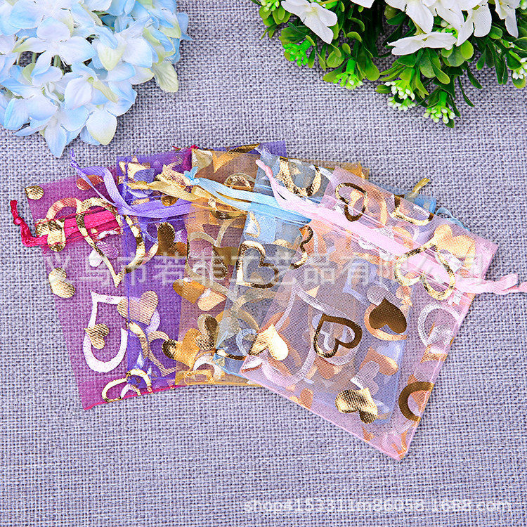 烫金爱心桃心纱袋 缎带束口袋 礼品袋包装 首饰品包装 糖果网纱袋