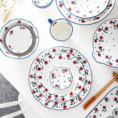 Japanese-style hand-painted small flower ceramic tableware set, including rice bowl, soup bowl, plate, western-style plate, mug, saucer, and soup spoon for home use.