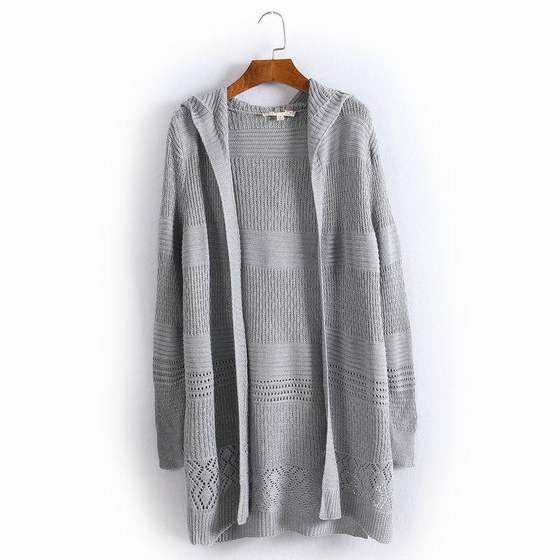 Spring and autumn Korean version of the solid color long hollow sweater coat loose sweater hooded cardigan shirt