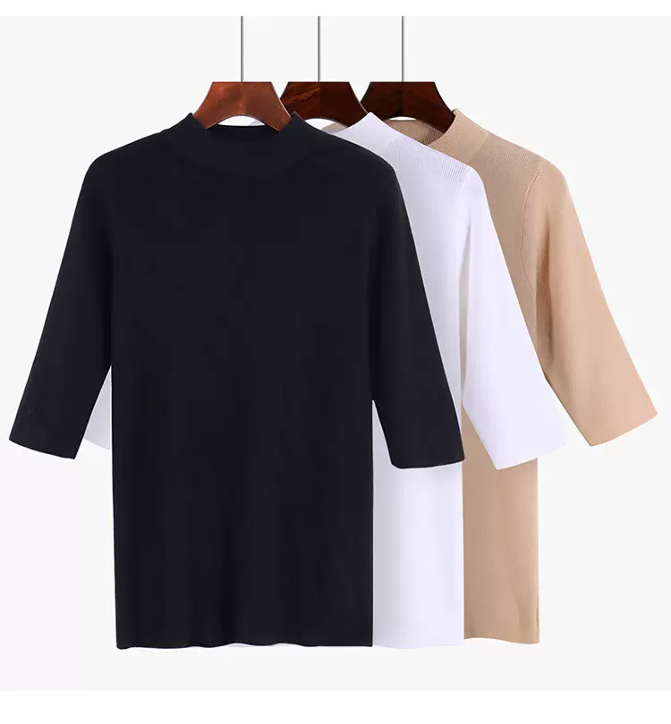 秋冬半高领毛衣女套头紧身弹力纯色五分袖针织半袖打底衫现货批发