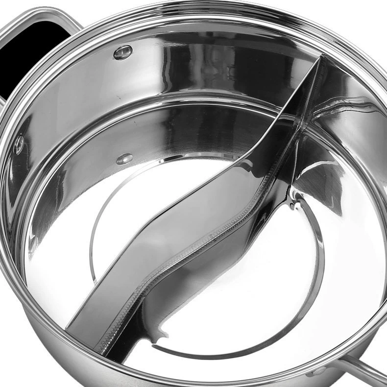 Hot pot, 304 stainless steel divided two‑flavor pot, glass lid, 26–32 cm, induction compatible