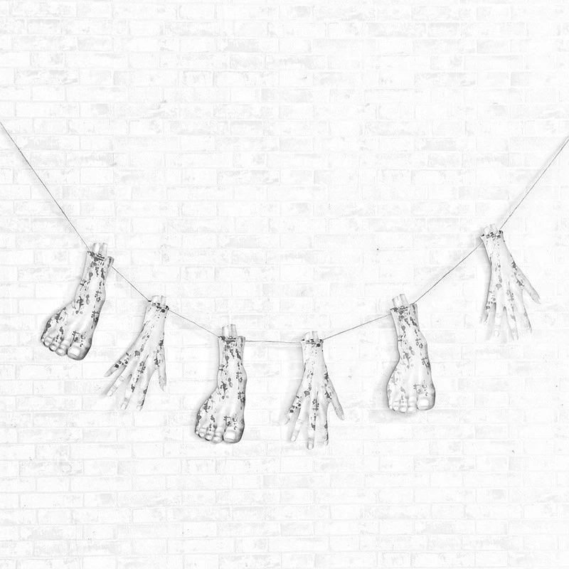 Halloween PVC hanging decorations — blood knife garland, severed hands/feet, stickers and warning tape