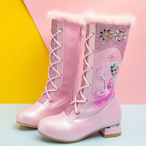 Girls high-heeled boots autumn and winter new Elsa Princess boots children's high boots plus velvet knight little girl boots