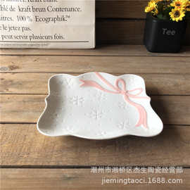 批发8寸陶瓷四方盘欧式浮雕少女粉饰品美食摆盘家用餐厅餐盘定 制