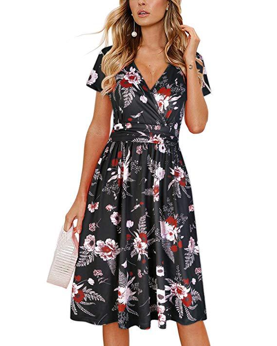 2019 Amazon Hot Sale Women's Clothing Printed Cross V Tie Pocket Short Sleeve Dress In Large Spot