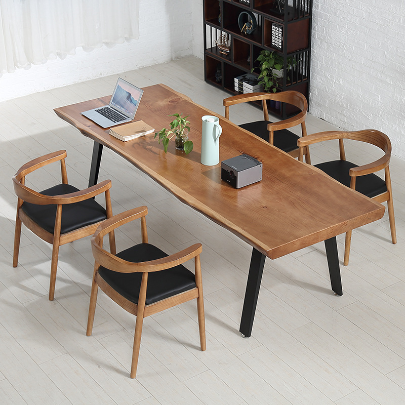 Studio Scandinavian Style Four-Seat Solid Wood Office Desk and Chair Combination Home Natural Edge Iron Simple Workbench Studio Scandinavian Style Four-Seat Solid Wood Office Desk and Chair Combination Home Natural Edge Iron Simple Workbench