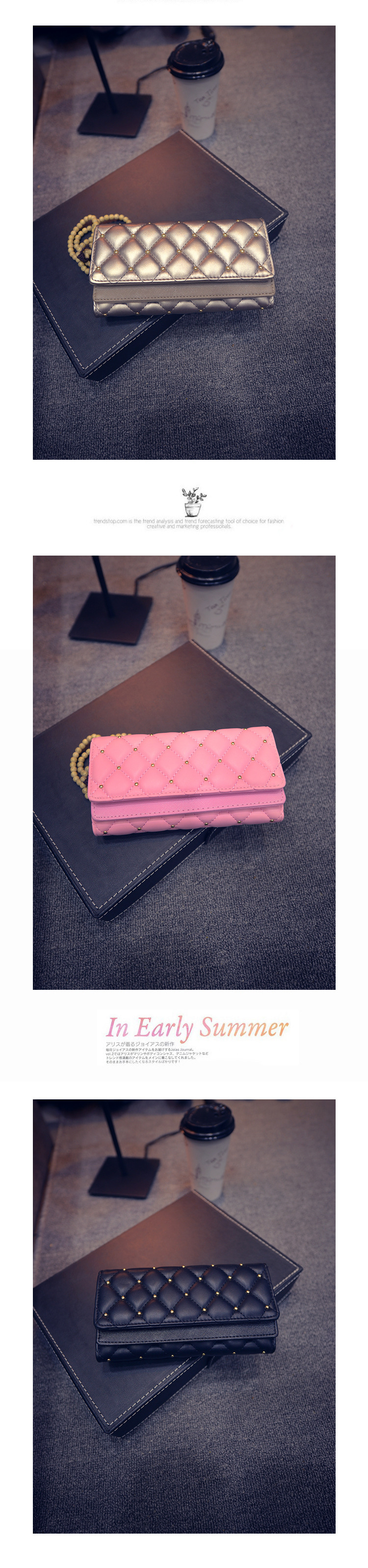 195g Weight Polyester Lining Material Magnetic Buckle Closure Type Pu Leather Material Solid Color Pattern Women'S Gender Fashion Style Square Shape Pink, Champagne, Black Color Korean  Diamond Tri-fold Large-capacity Wallet Wholesale 13