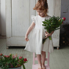 女童連衣裙純棉花邊飛袖百褶裙純色棉麻女孩連身裙新款一件代發