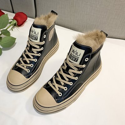 冬季兔毛新款厚底松糕鞋2019高帮百搭系带板鞋休闲小白鞋保暖女鞋|ru