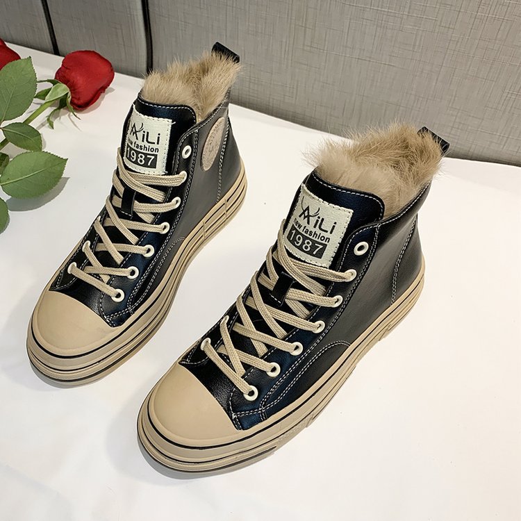 冬季兔毛新款厚底松糕鞋2019高帮百搭系带板鞋休闲小白鞋保暖女鞋|ru