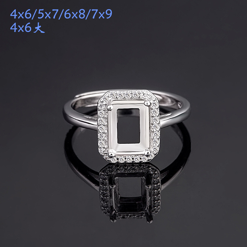S925银戒指托 长方倒角切面戒面 4x6 5x7 6x8 7x9 宝石镶钻空托