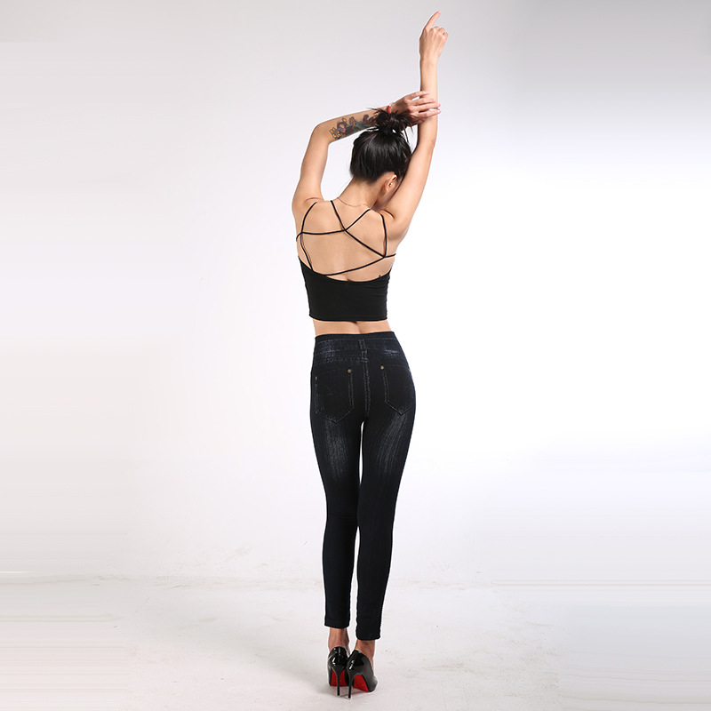 Dam leggings denim look hög midja bomull med prickar byxor_voghion.com