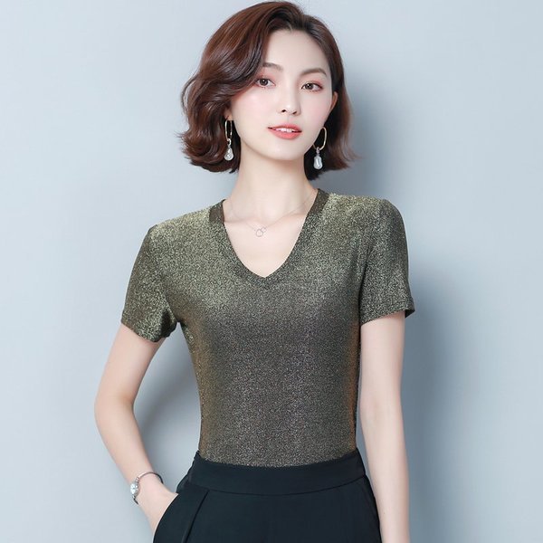 New bright silk V-collar short sleeve T-shirt summer 