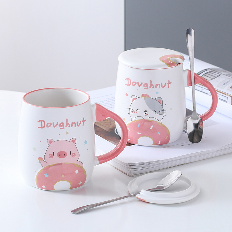 马克杯办公室家用卡通水杯少女心带盖带勺水杯