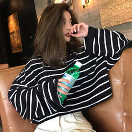 泫雅风条纹T恤女新款韩版宽松圆领百搭黑白条纹长袖学生打底t恤女