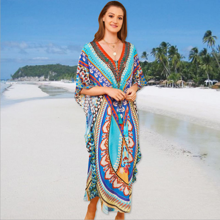 跨境新款人棉定位印花沙滩裙度假裙比基尼外罩衫连衣长裙防晒衫女