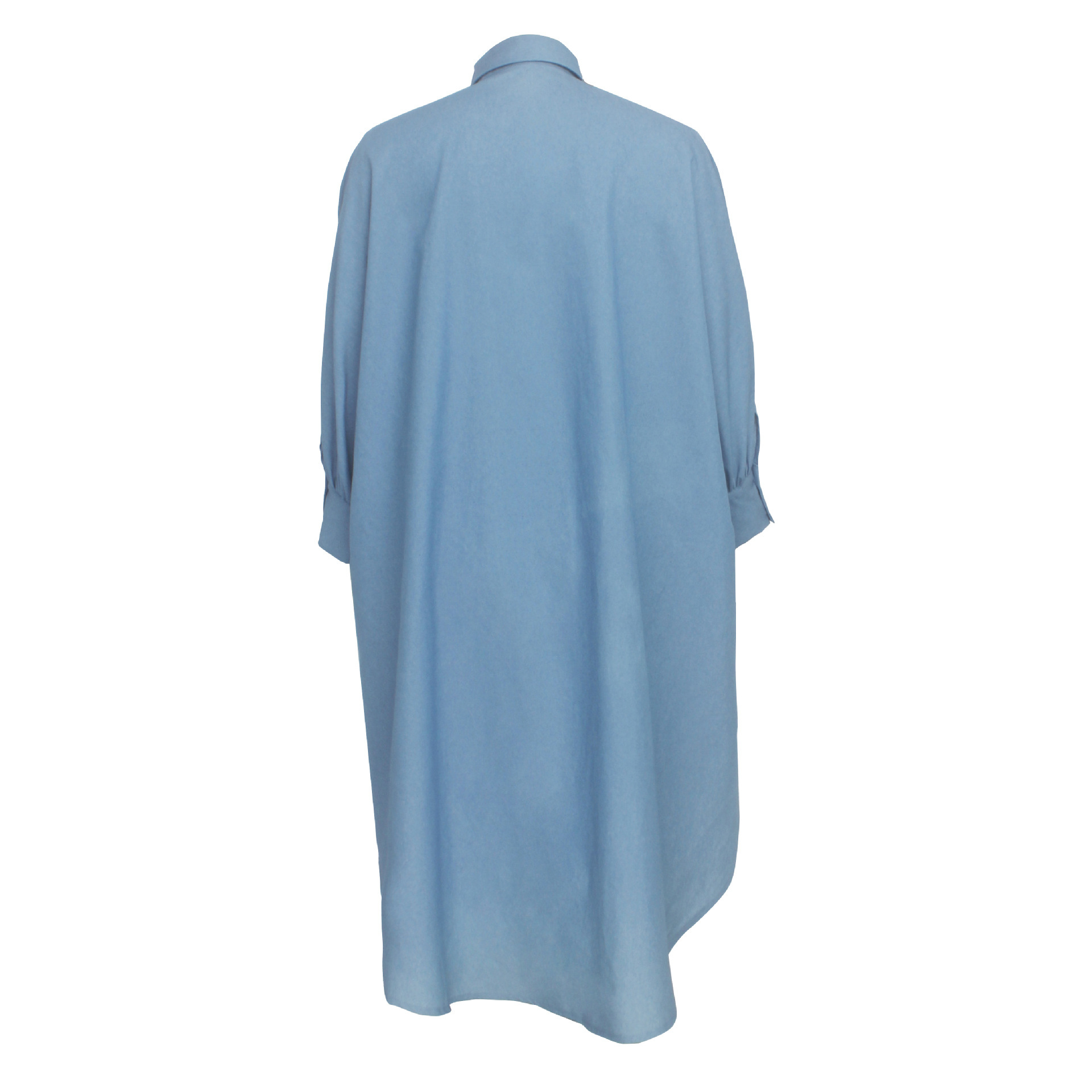 Blusa de mezclilla larga con solapa manga larga parte delantera corta suelta y espalda larga azul NSQYT99020