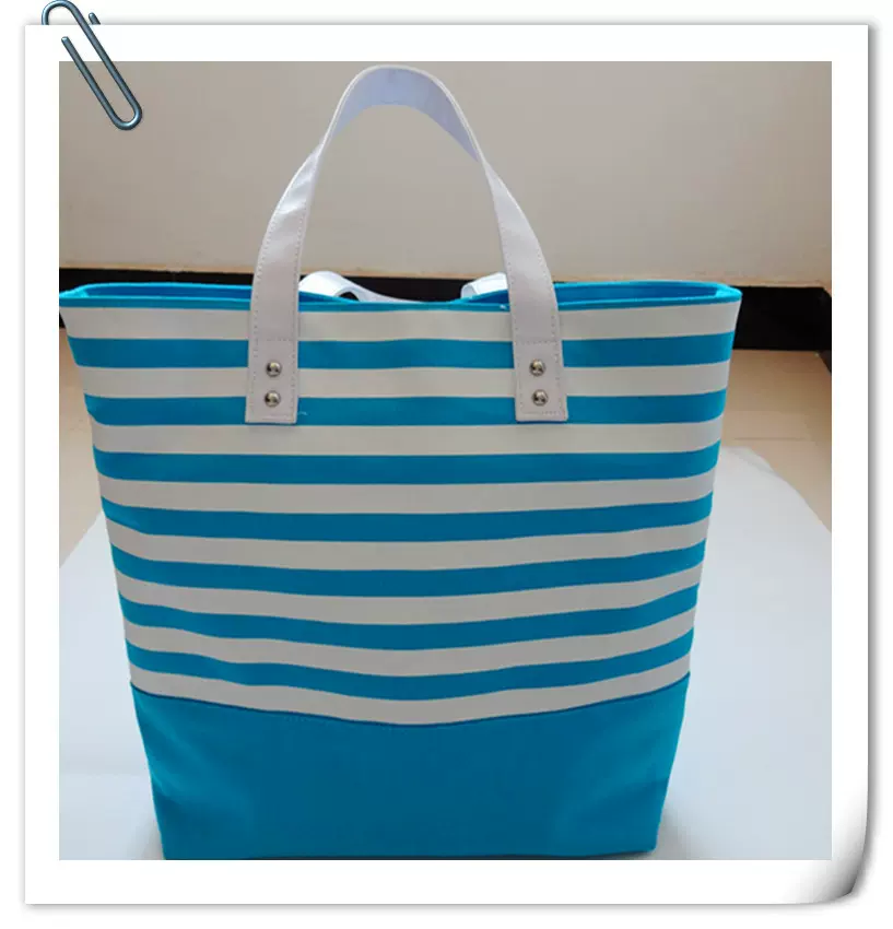 厂家直供简约百搭蓝色线条帆布袋 双层大容量手提单肩包手提包