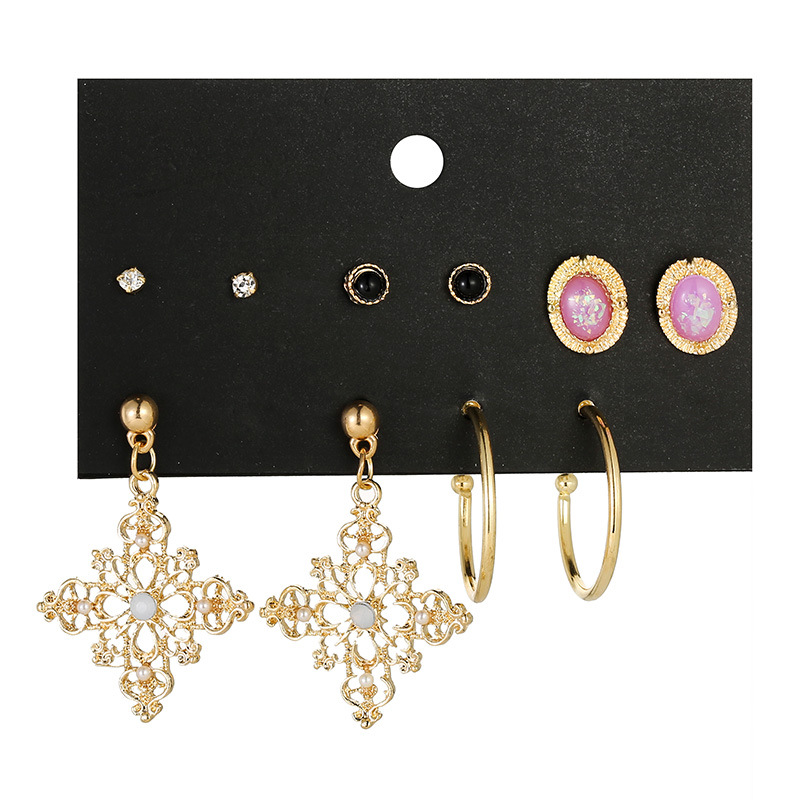 Earrings Female Combination C-shaped Earrings Diamond Stud Earrings Retro Flower Type Earrings Wholesale display picture 2