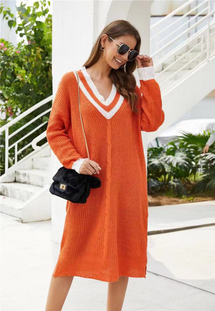 V-neck contrast color mid-length dress sweater NSYD35373