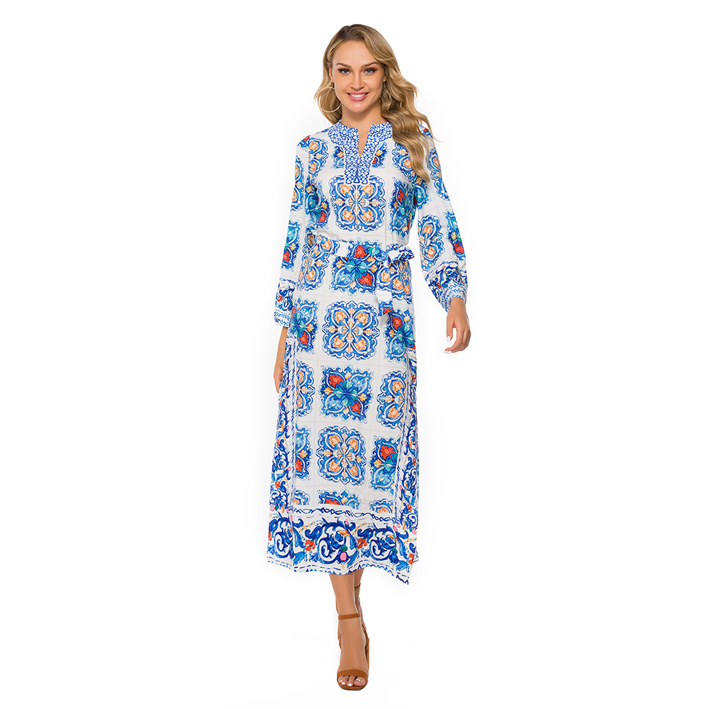 Women Bohemian Beach Skirt Blue and White Porcelain Evening Dress_autovado.com