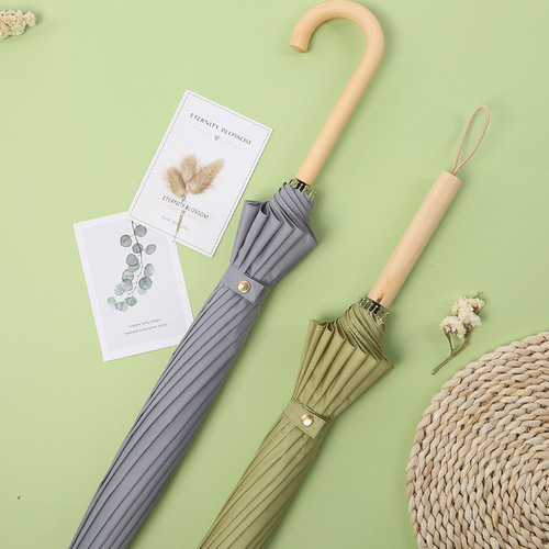 Korean style 16-bone wooden handle small fresh umbrella women's solid color long handle fair or rain umbrella printed advertising logo dropshipping