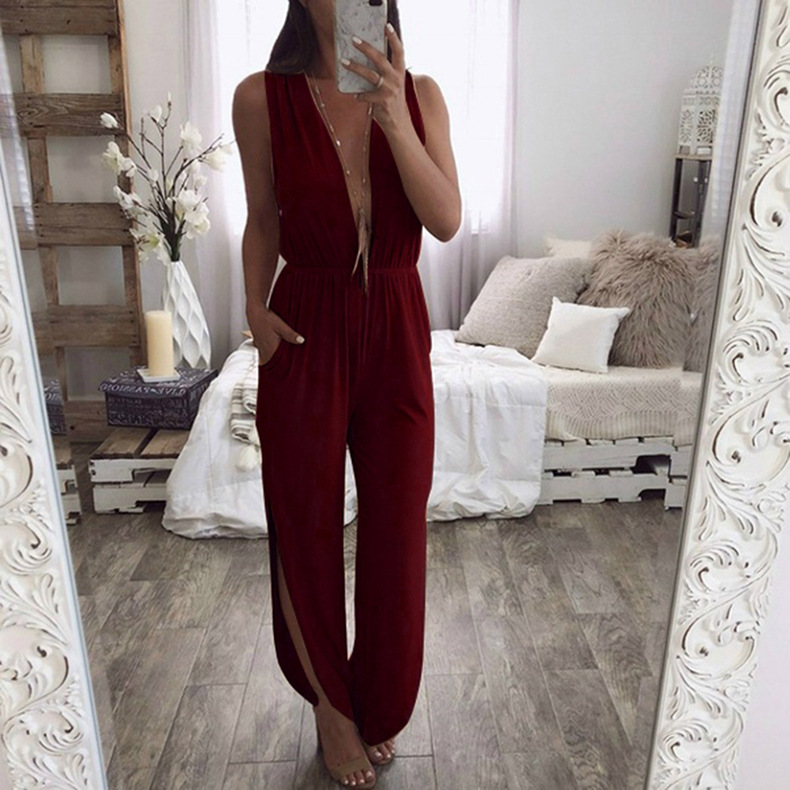 sleeveless solid color open back split jumpsuit  NSKX10128