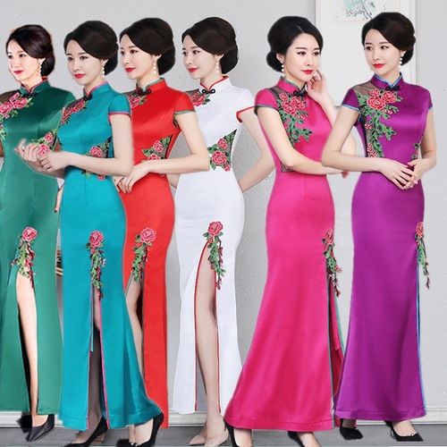 Turquoise purple red flowers chinese dresses qipao Shows the Chinese dress costumes female long etiquette hotel stage dignified open fork cheongsam of Plus size