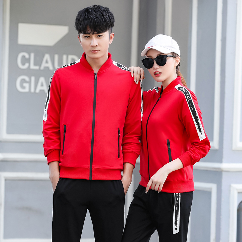 2019春季新品情侶運動套裝韓版V領長袖男士運動套裝休閑女運動服