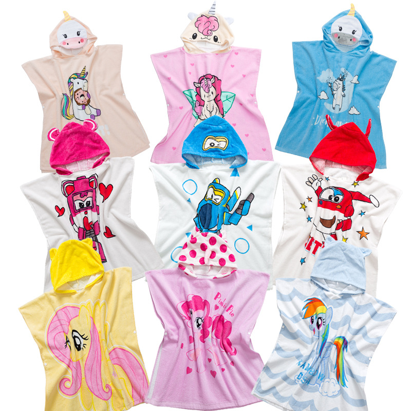 跨境爆款 宝宝女孩纯棉吸水透气儿童卡通浴袍独角兽带帽斗篷浴巾|ms