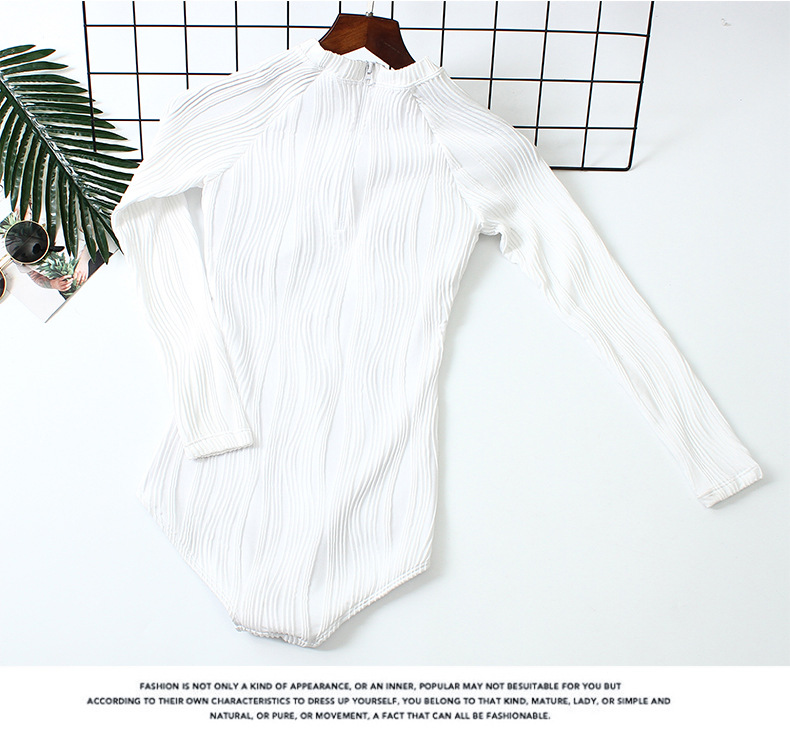 International Sexy White One-Piece Triangle Swimsuit For Women, Korean Style Long Sleeve UV Protection Surfing Bathing Suit Slim Fit Swimwear_voghion.com