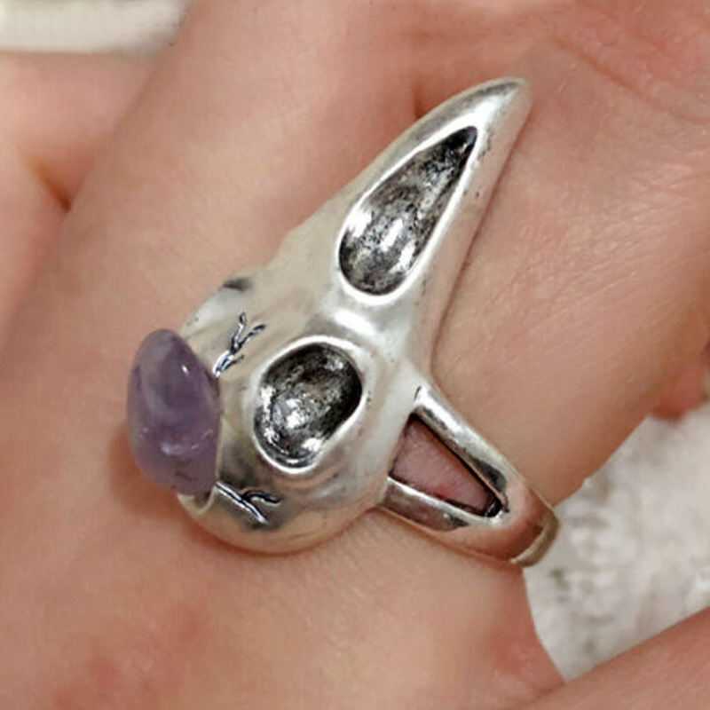 Retro Amethyst Bird Skeleton Skull Ring Wholesale display picture 1