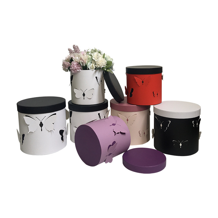 现货 蝴蝶立体3D 鲜花盒 圆形礼品盒三件套 圆桶花盒  鲜花抱抱桶