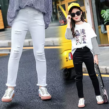 Girls' broken hole casual pants 2021 spring new fashion Korean version solid color elastic children's Leggings Pants - ShopShipShake