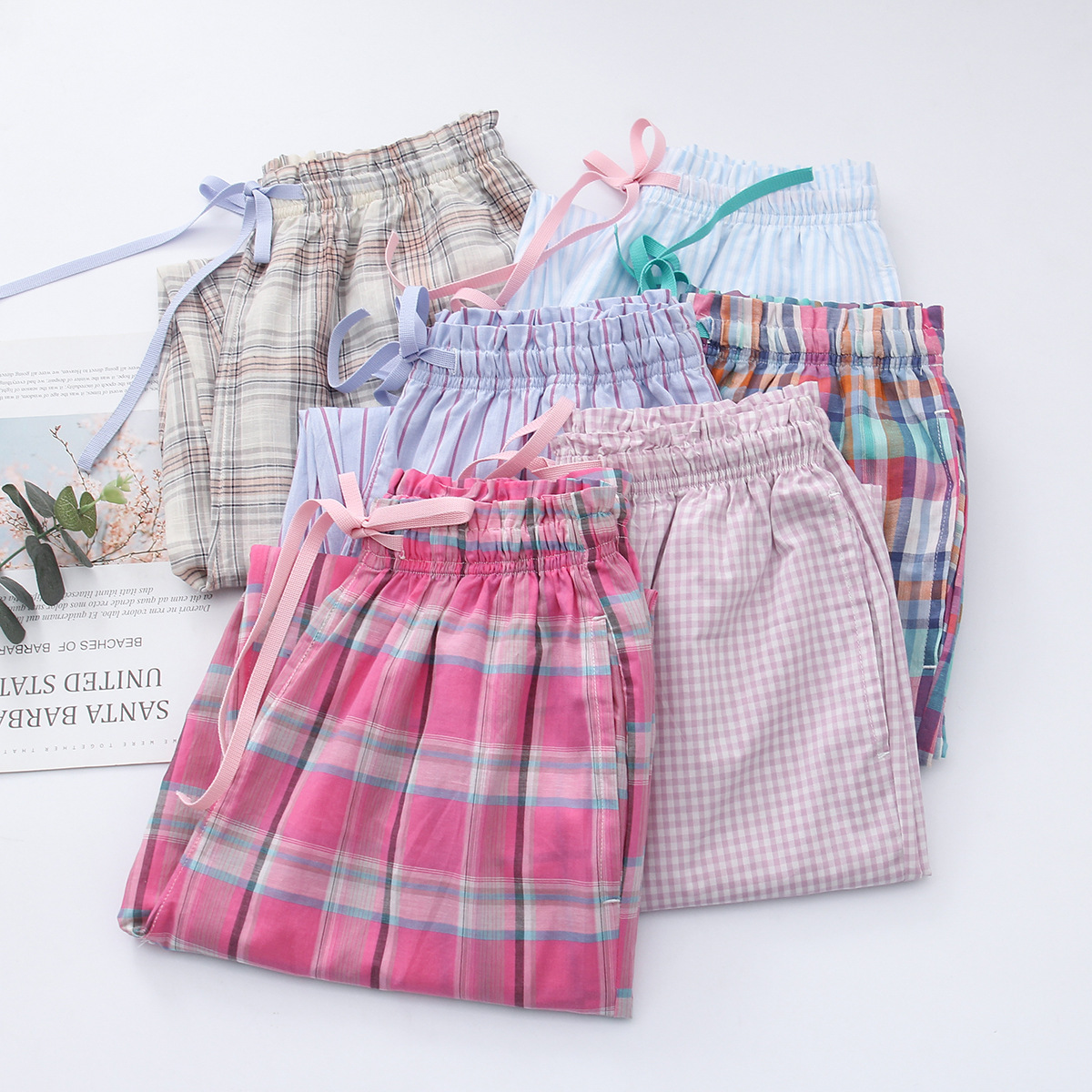 外贸原单全棉女士睡裤春夏季纯棉长裤清新可爱格子休闲个性家居服