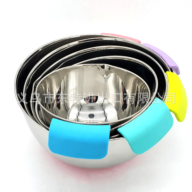Factory direct sales stainless steel salad basin, high-quality stainless steel silicone handle basin, salad bowl with scale, anti-slip baking detail image 2
