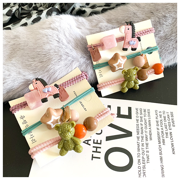 秋冬新款韩版简约头绳ins扎头发皮筋发绳 小熊小马发圈头饰套装批|ru