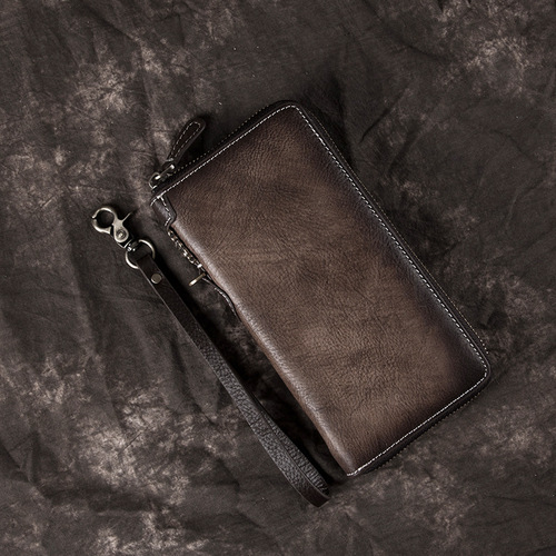 New retro men's wallet long zipper genuine leather clutch multifunctional European and American cowhide young men's wallet