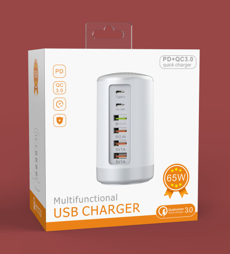 PD fast charging cylindrical 65W multi-port usb charger 6usb charging head PD+QC3.0 charger type-c