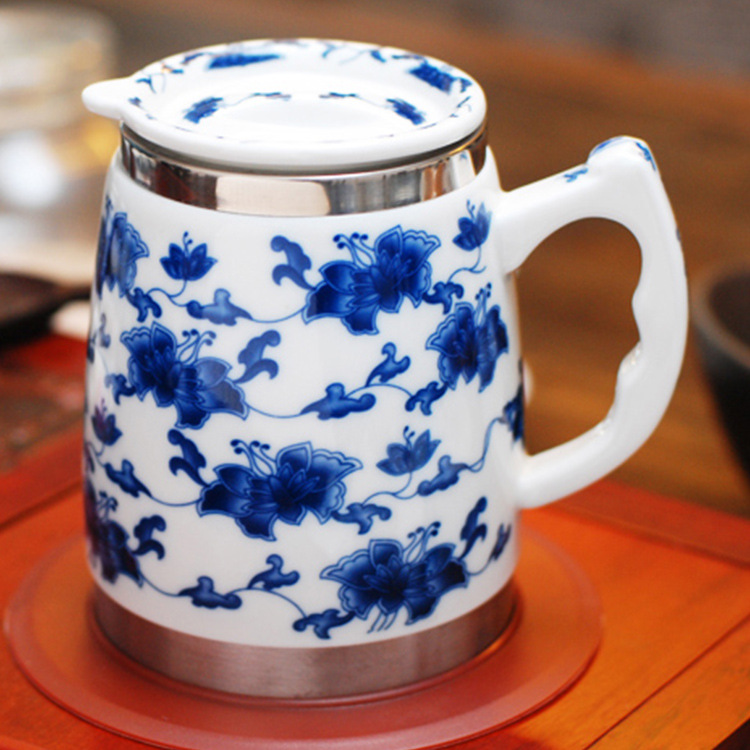 创意新款景德镇青花瓷马克杯 304不锈钢陶瓷保温杯定制商务礼品