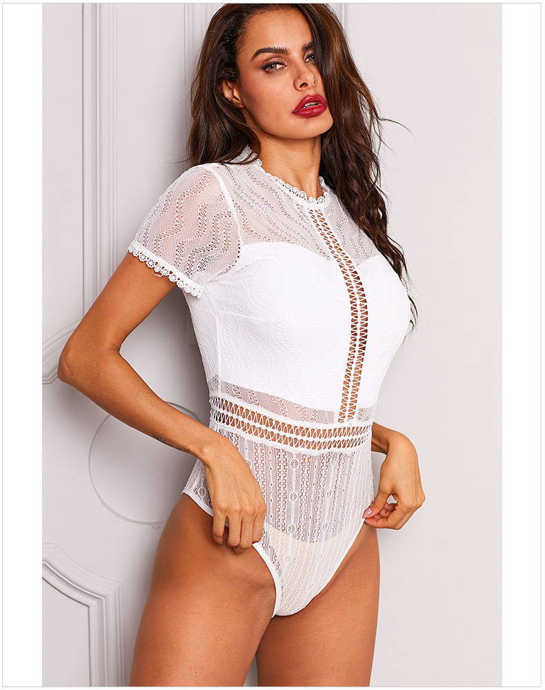 high-necked short-sleeved hollow embroidery mesh one-piece underwear NSQMY124902