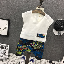 2020夏季童裝 外貿兒童氣質圓領個性短袖t恤+五分垮褲兩件套裝