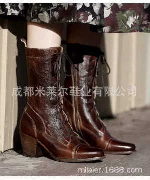 亚马逊外贸新款2019秋季女圆头民族女式皮靴侧拉链骑士靴中跟女鞋