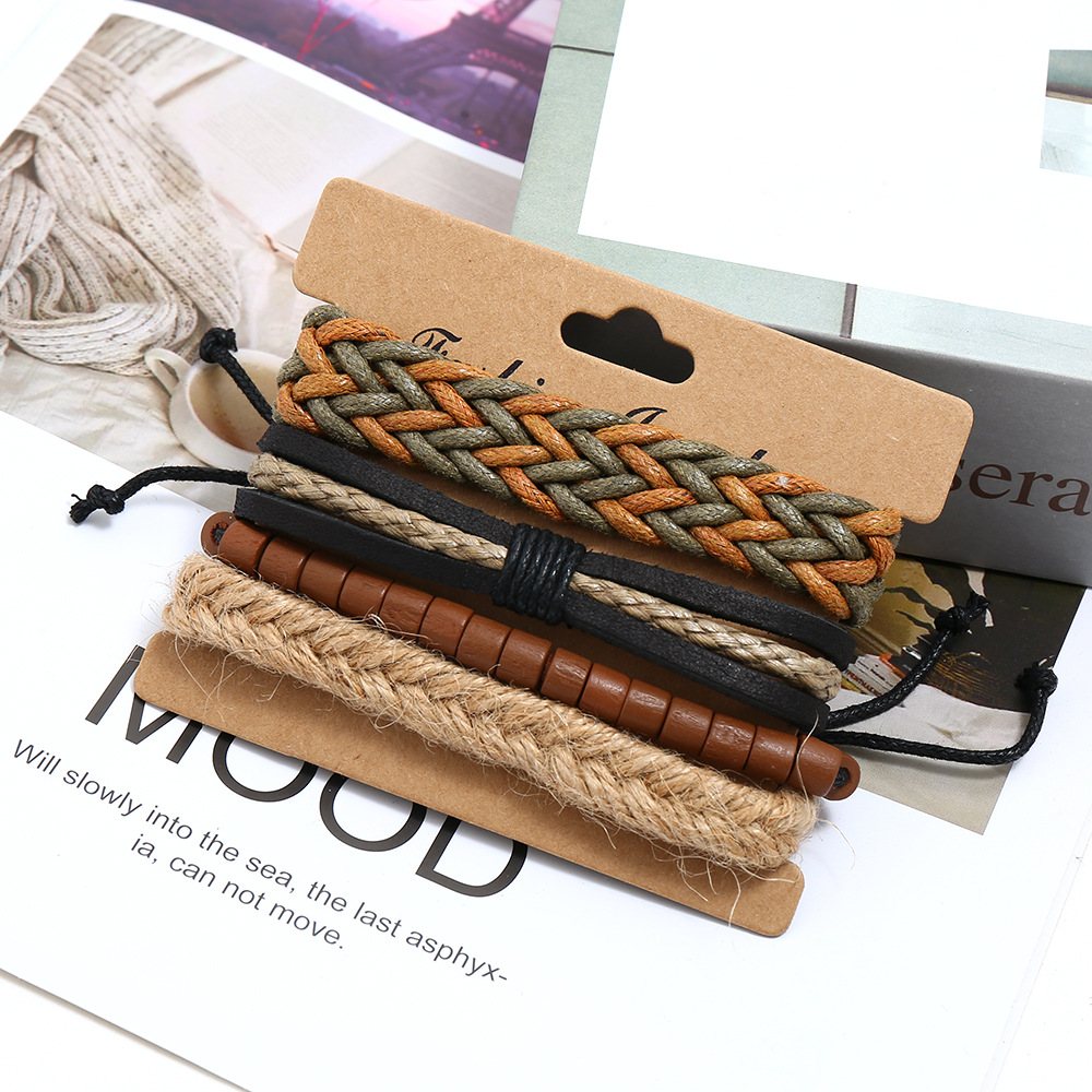 Vintage woven leather bracelet diy three-piece hemp rope bracelet bracelet