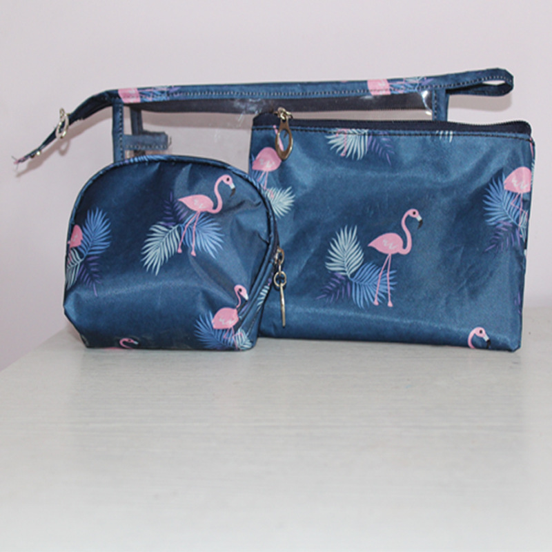 化妆包3件套便携女旅行大容量洗漱包收纳袋透明包火烈鸟款包邮|ms