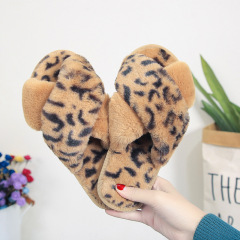 豹紋交叉毛毛拖鞋女秋冬居家居平底舒適棉拖歐美跨境保暖地板拖潮