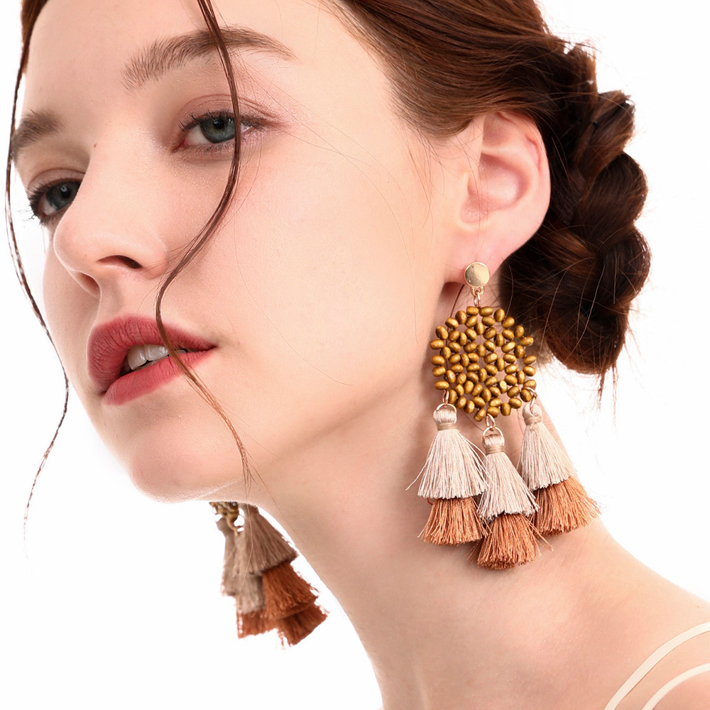 Original hand beaded hollow wooden beads retro earrings ethnic style tassel earrings stainless steel ear pins