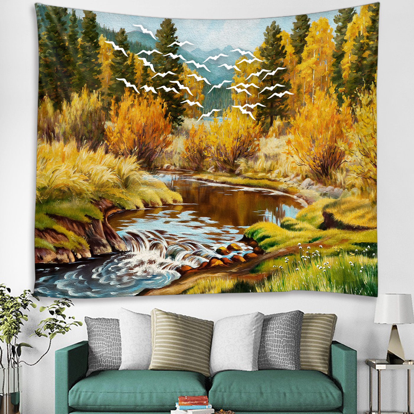 跨境电商批发  数码印花风景油画挂毯墙面装饰背景布挂布卧室壁挂